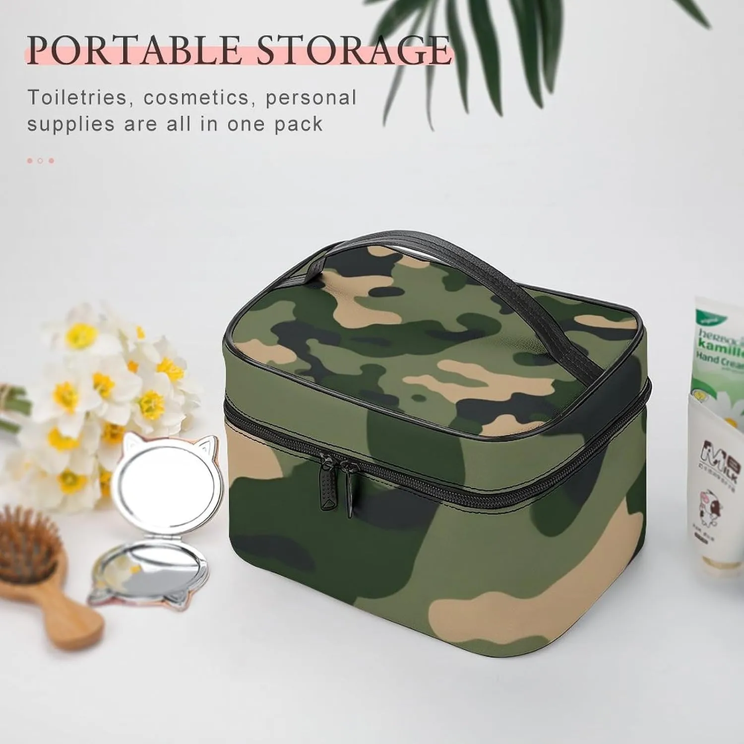 Womens Travel Makeup Bag, Waterproof Cosmetic Organizer Case Green Camouflage Army Camo Toiletry Storage Bag with Zipper Mesh Pouch