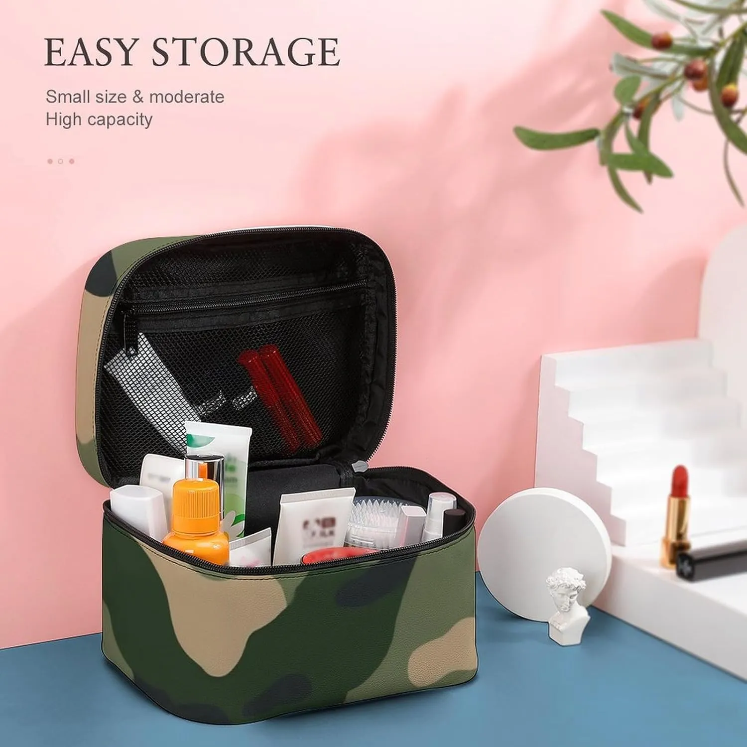 Womens Travel Makeup Bag, Waterproof Cosmetic Organizer Case Green Camouflage Army Camo Toiletry Storage Bag with Zipper Mesh Pouch