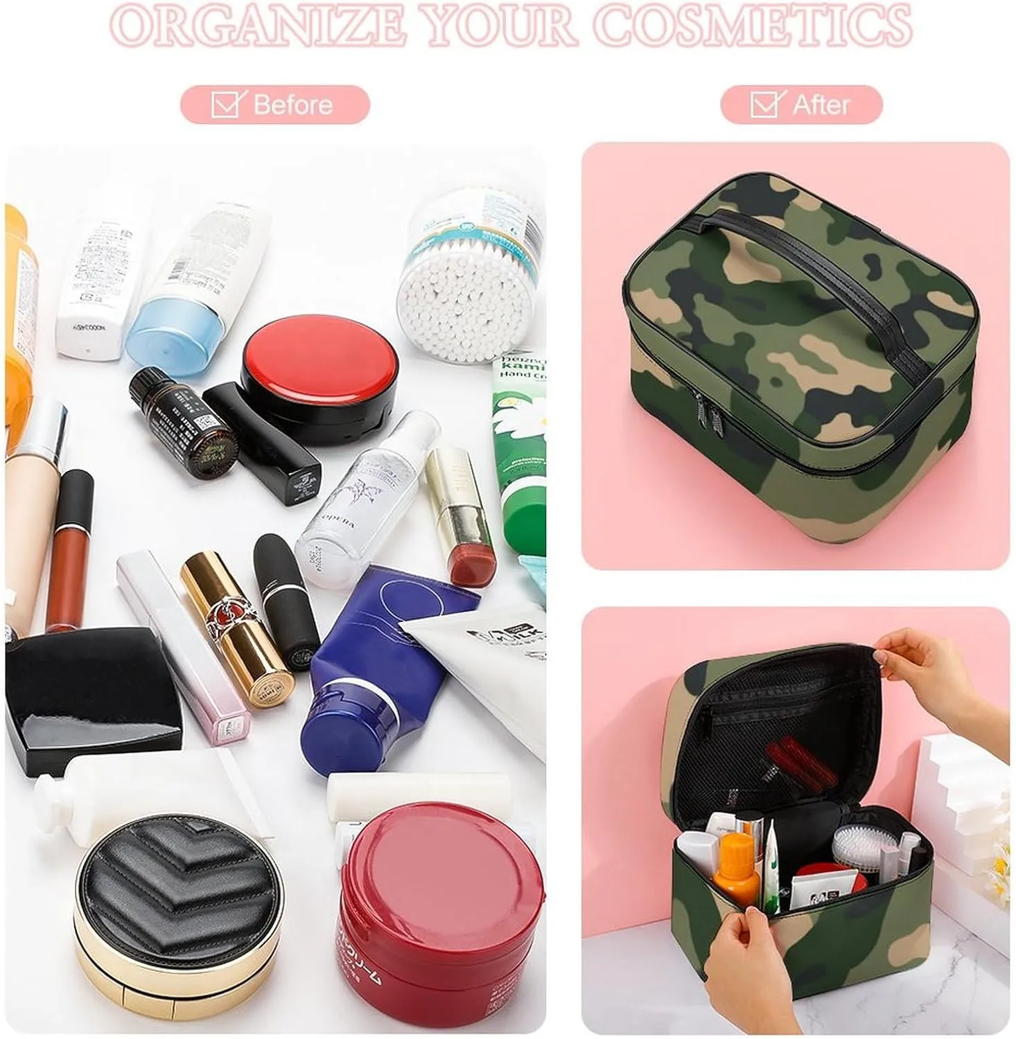 Womens Travel Makeup Bag, Waterproof Cosmetic Organizer Case Green Camouflage Army Camo Toiletry Storage Bag with Zipper Mesh Pouch