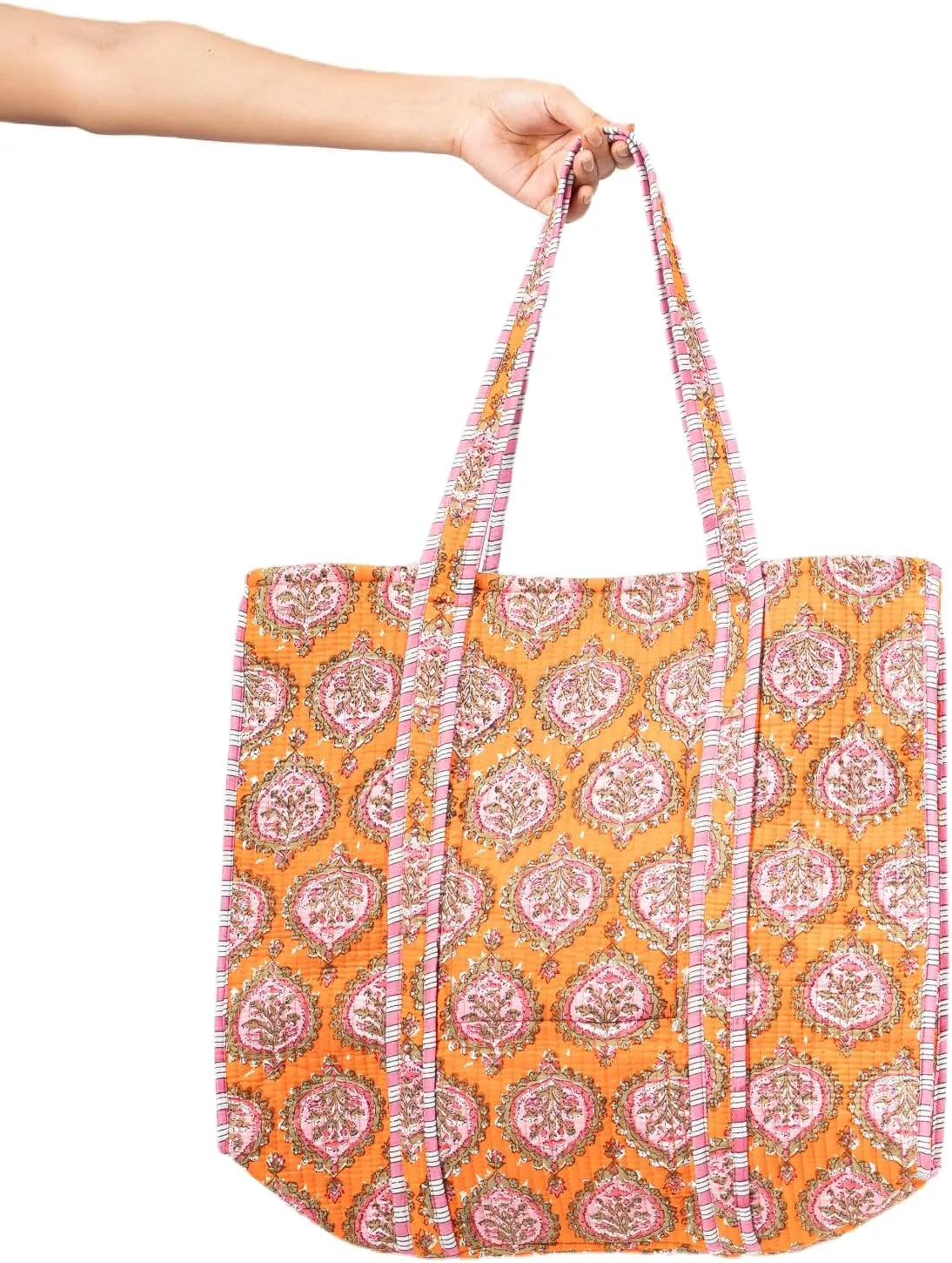 Women's Unique Quilted Large Cotton Fabric Tote Bag Travel Grocery Shopping Weekend Trips with Inside Pocket