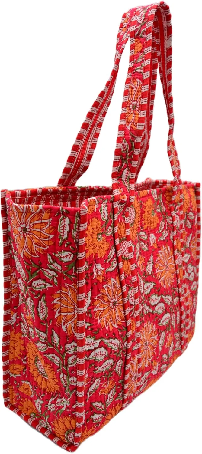 Women's Unique Quilted Large Cotton Fabric Tote Bag Travel Grocery Shopping Weekend Trips with Inside Pocket
