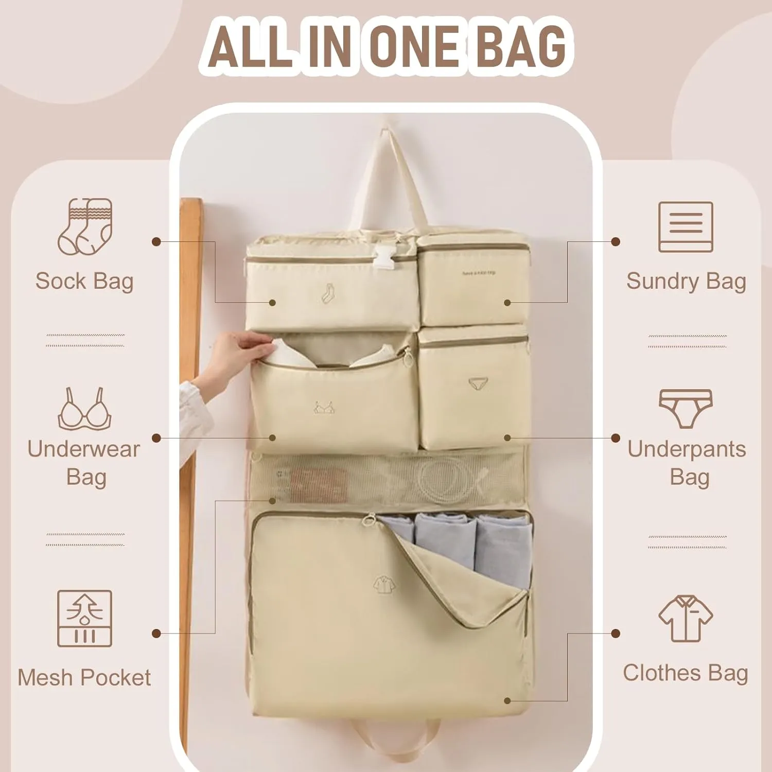 WOOMADA Packing Cubes for Suitcases, Hanging Travel Organizer Bags, Multifunctional compartment Luggage Organizer Bags for Clothes, Underwear, and Accessories(Beige)