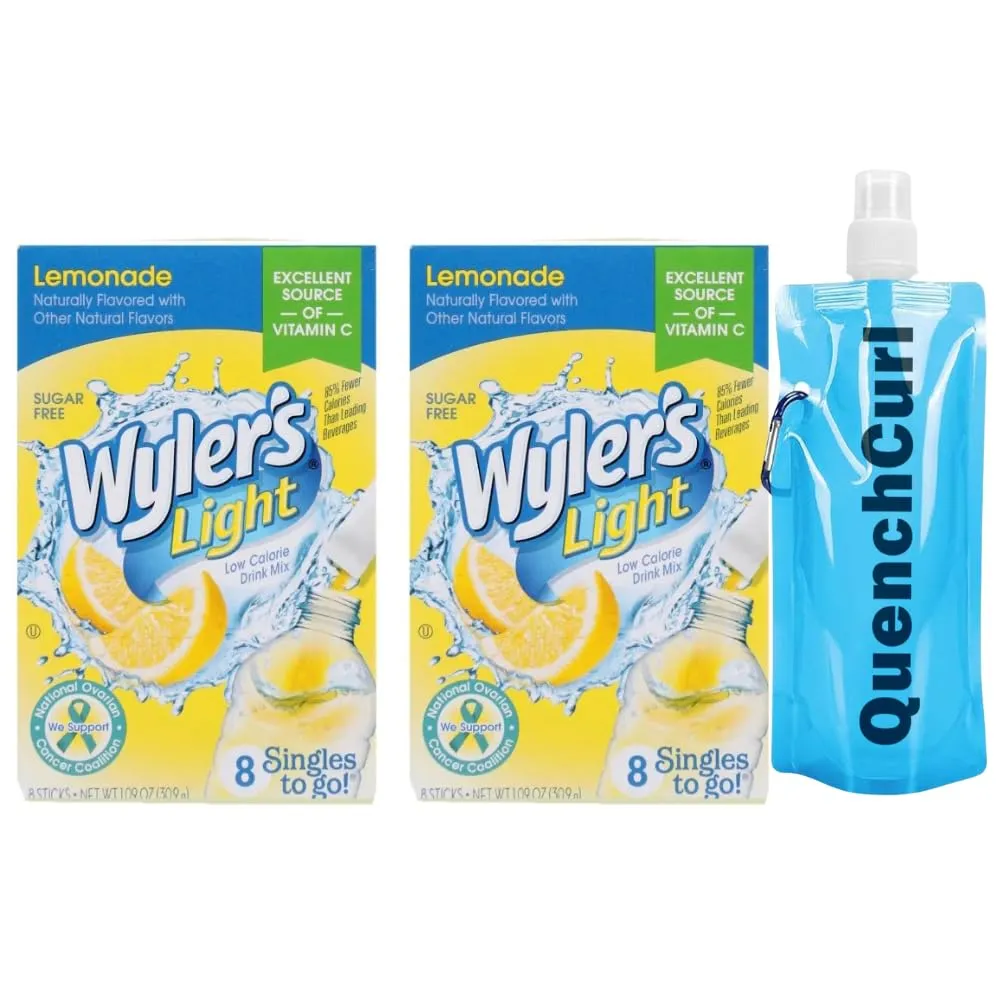 Wyler's Light Drink Sticks Low-Calorie | 8 Singles to Go | Pack of 2 with QuenchCurl Collapsible Water Bottle | Convenient, Portable, & Delicious Hydration Solution - Lemonade