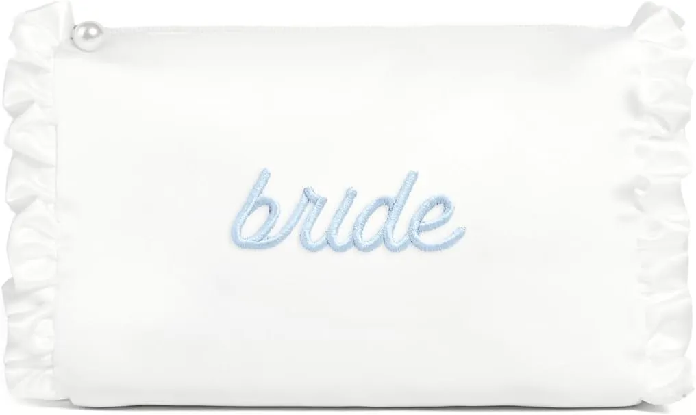 xo, Fetti White Satin Bride Cosmetic Bag | Bachelorette Party Decorations, Bride To Be Purse, Bridal Shower Accessory, GRWM Makeup Bag