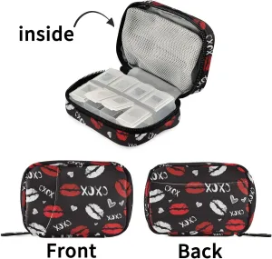XOXO Lips Heart Pill Box Case 7 Days St.Valentine's Day Portable Weekly Pill Organizer Bag Medicine Container Vitamin Supplements Holder with Zipper for Travel Daily Use