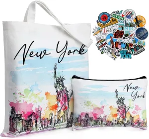 Xuhal 3 Pcs New York City Souvenirs Including NYC Cosmetic Bag, Customized New York City Tote Bag and USA Stickers NYC Souvenir Gifts for Women Traveler Party Favors Gifts