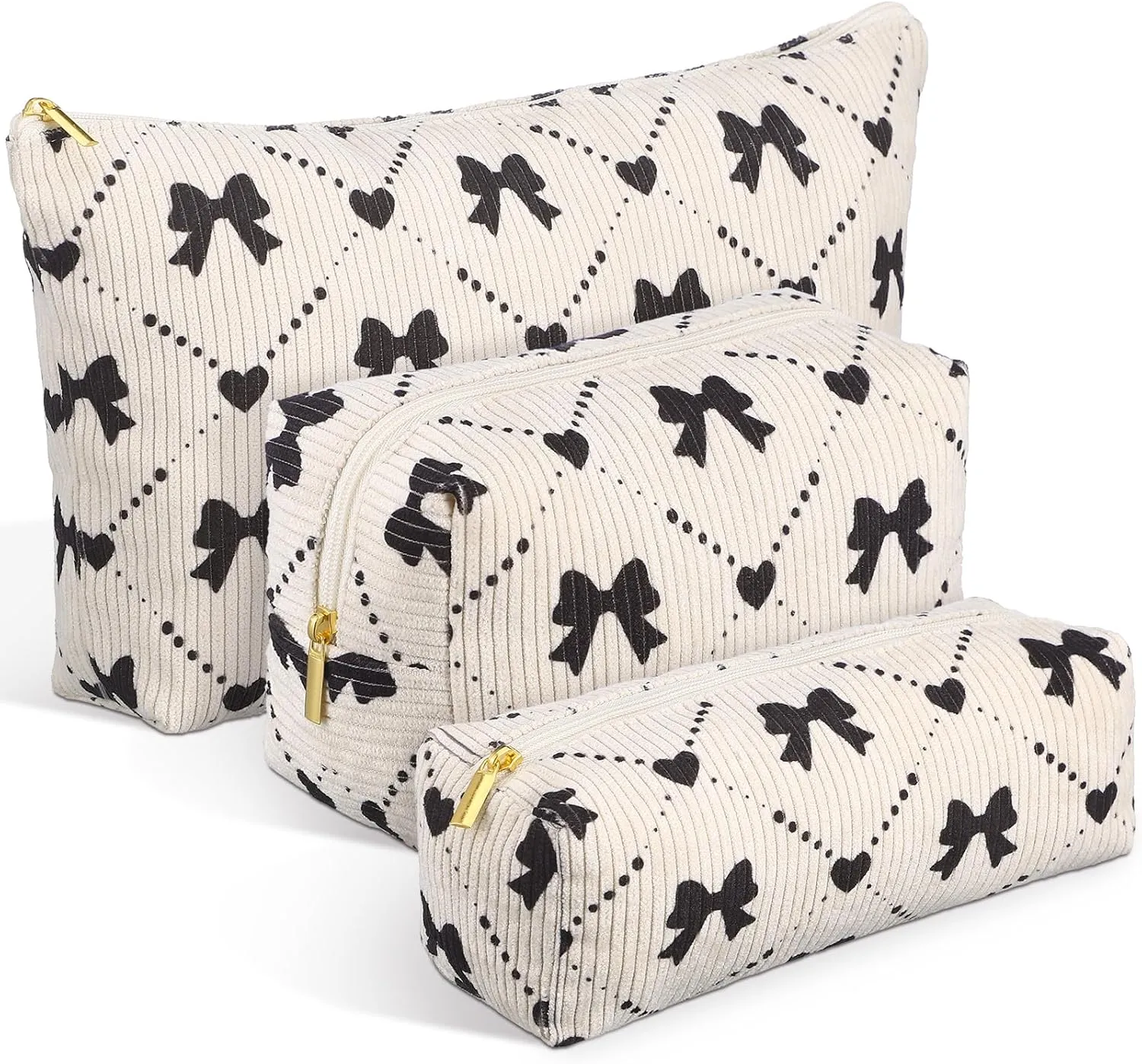 Xuniea 3 Pcs Mothers Day Gifts Coquette Bow Makeup Bags Set Preppy Corduroy Cosmetic Bag Bow Pencil Case Large Toiletry Bags Portable Travel Toiletry Versatile Zipper Pouch for Women