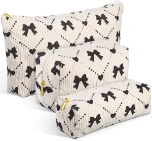 Xuniea 3 Pcs Mothers Day Gifts Coquette Bow Makeup Bags Set Preppy Corduroy Cosmetic Bag Bow Pencil Case Large Toiletry Bags Portable Travel Toiletry Versatile Zipper Pouch for Women