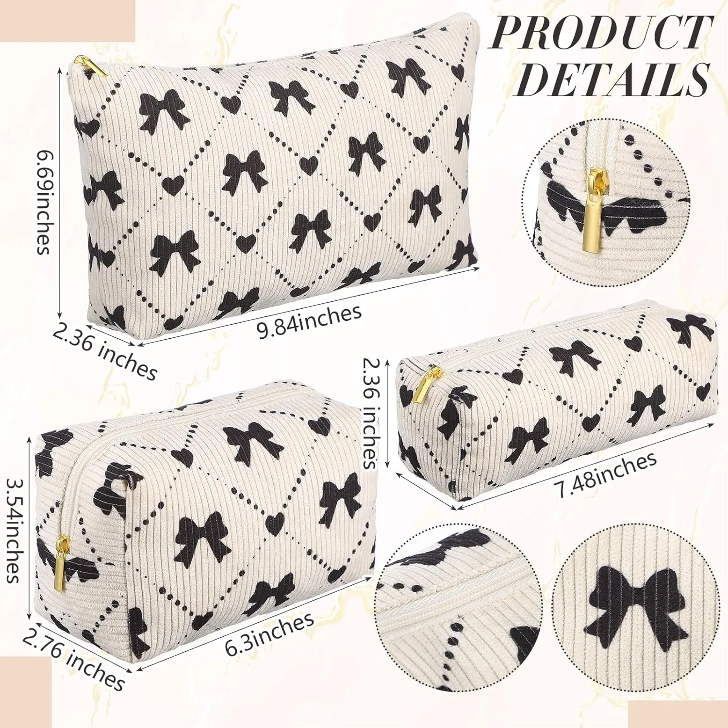 Xuniea 3 Pcs Mothers Day Gifts Coquette Bow Makeup Bags Set Preppy Corduroy Cosmetic Bag Bow Pencil Case Large Toiletry Bags Portable Travel Toiletry Versatile Zipper Pouch for Women
