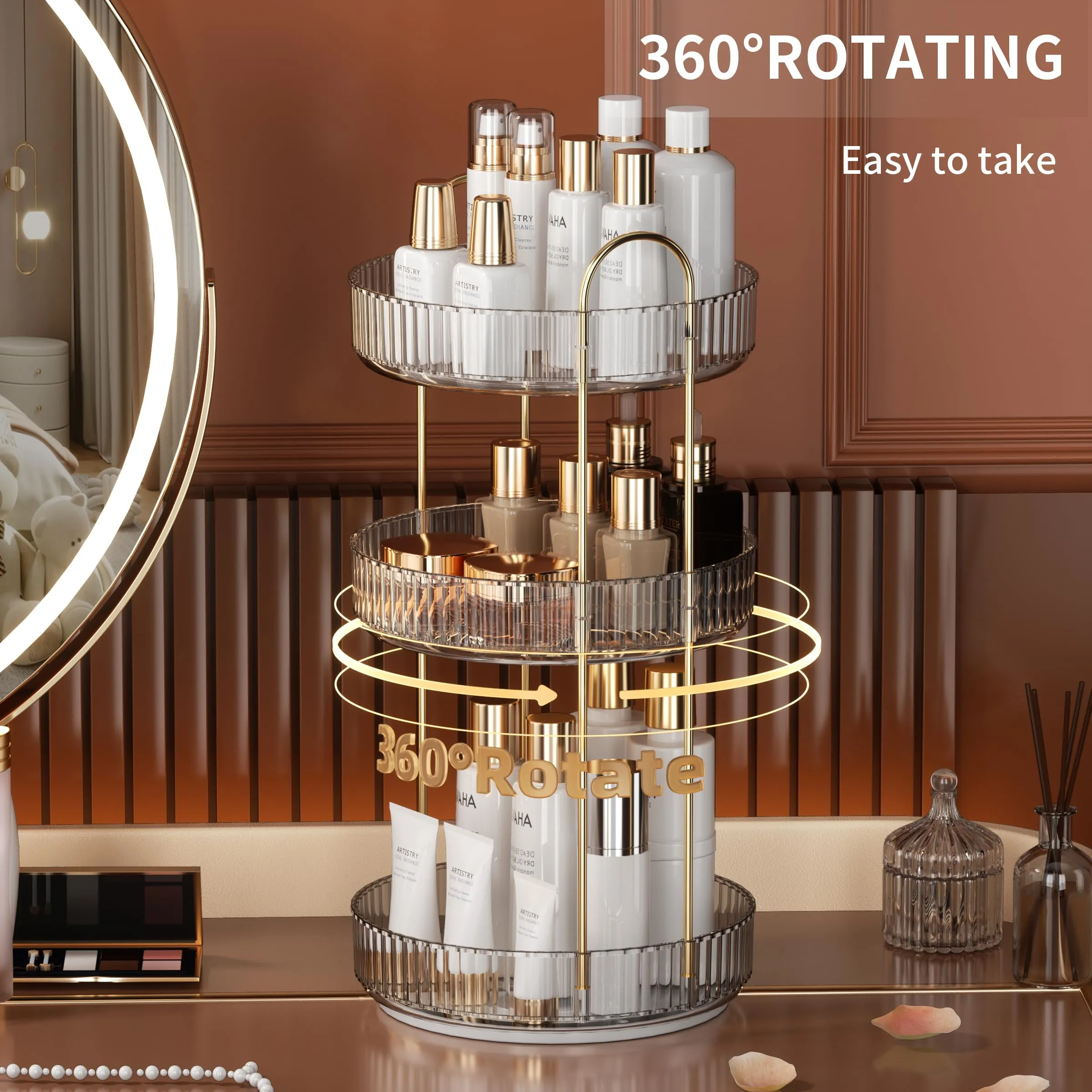 YCIA&DONE 360 Rotating Makeup Organizer and Storage for Vanity Countertop 3 Tiers, High Capacity Cosmetic Skincare Perfume Organizers for Dresser Bathroom Lazy Susan (Clear White)