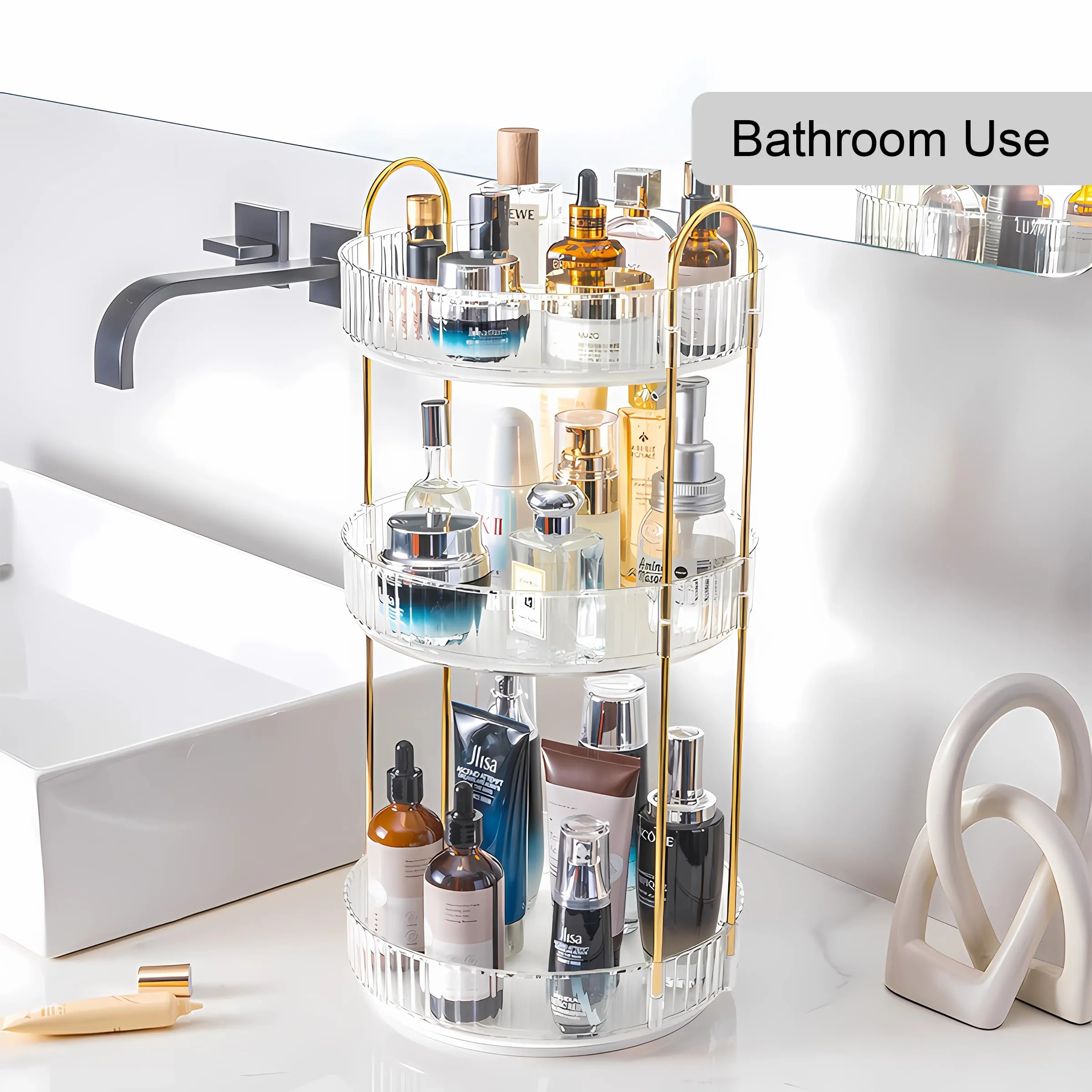 YCIA&DONE 360 Rotating Makeup Organizer and Storage for Vanity Countertop 3 Tiers, High Capacity Cosmetic Skincare Perfume Organizers for Dresser Bathroom Lazy Susan (Clear White)