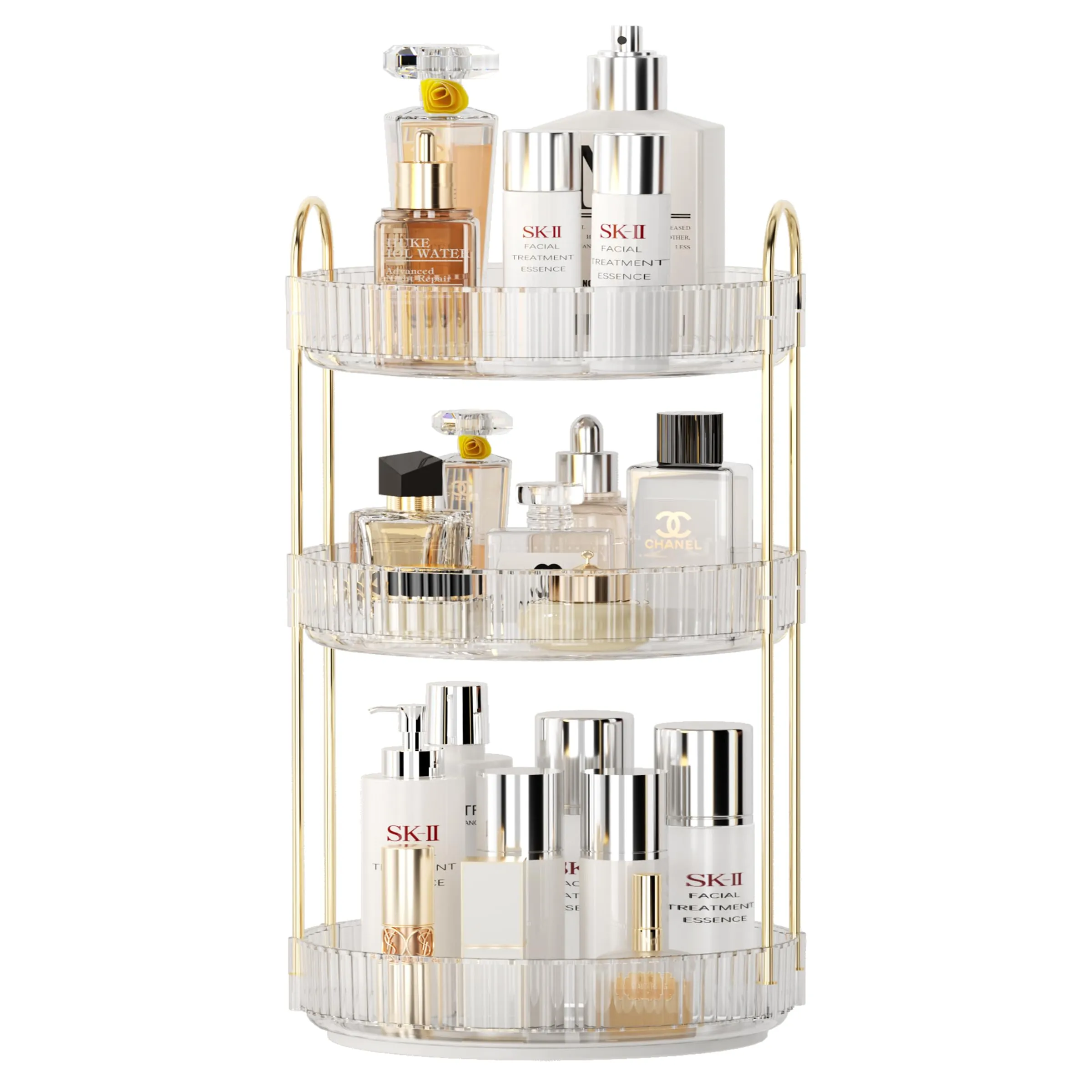 YCIA&DONE 360 Rotating Makeup Organizer and Storage for Vanity Countertop 3 Tiers, High Capacity Cosmetic Skincare Perfume Organizers for Dresser Bathroom Lazy Susan (Clear White)
