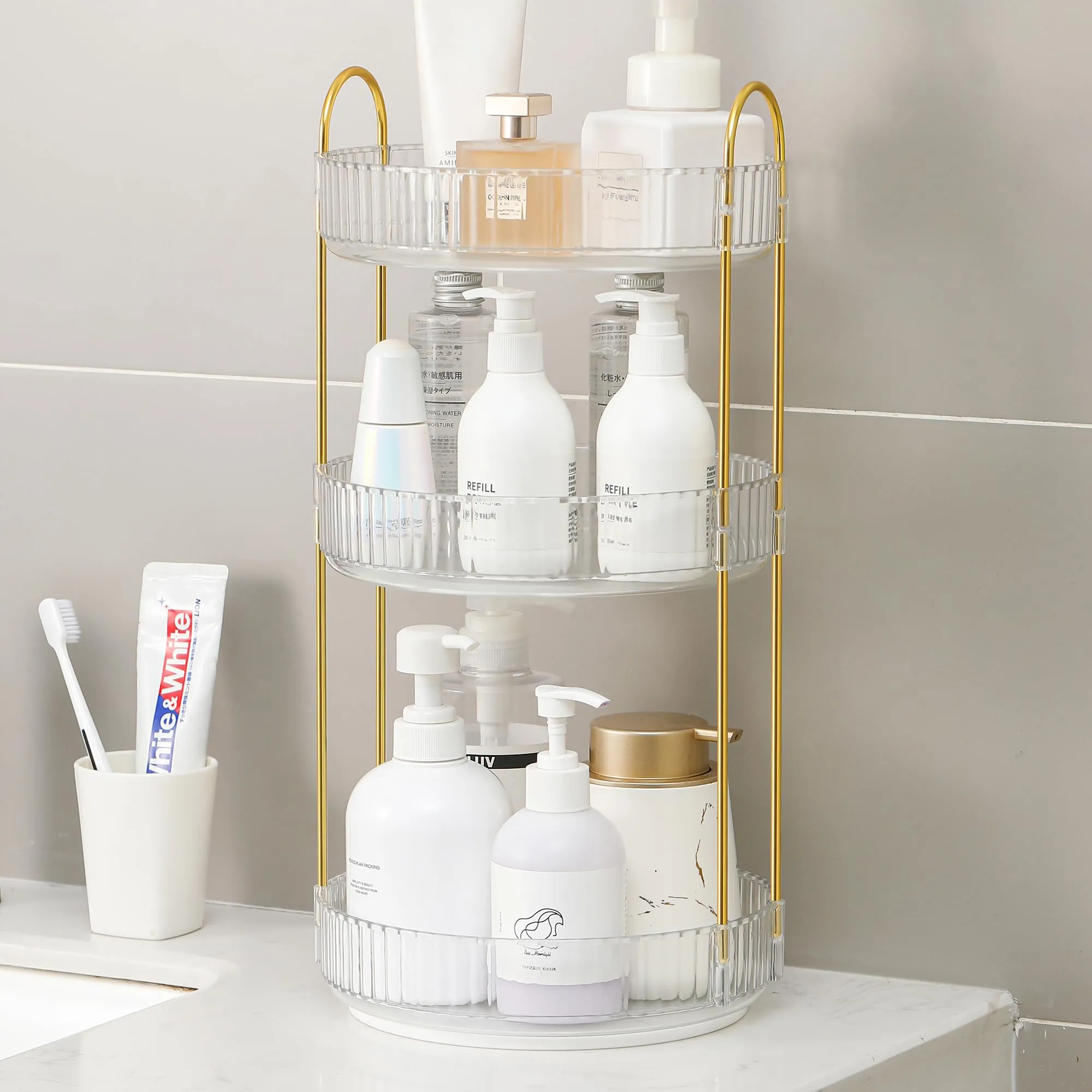 YCIA&DONE 360 Rotating Makeup Organizer and Storage for Vanity Countertop 3 Tiers, High Capacity Cosmetic Skincare Perfume Organizers for Dresser Bathroom Lazy Susan (Clear White)