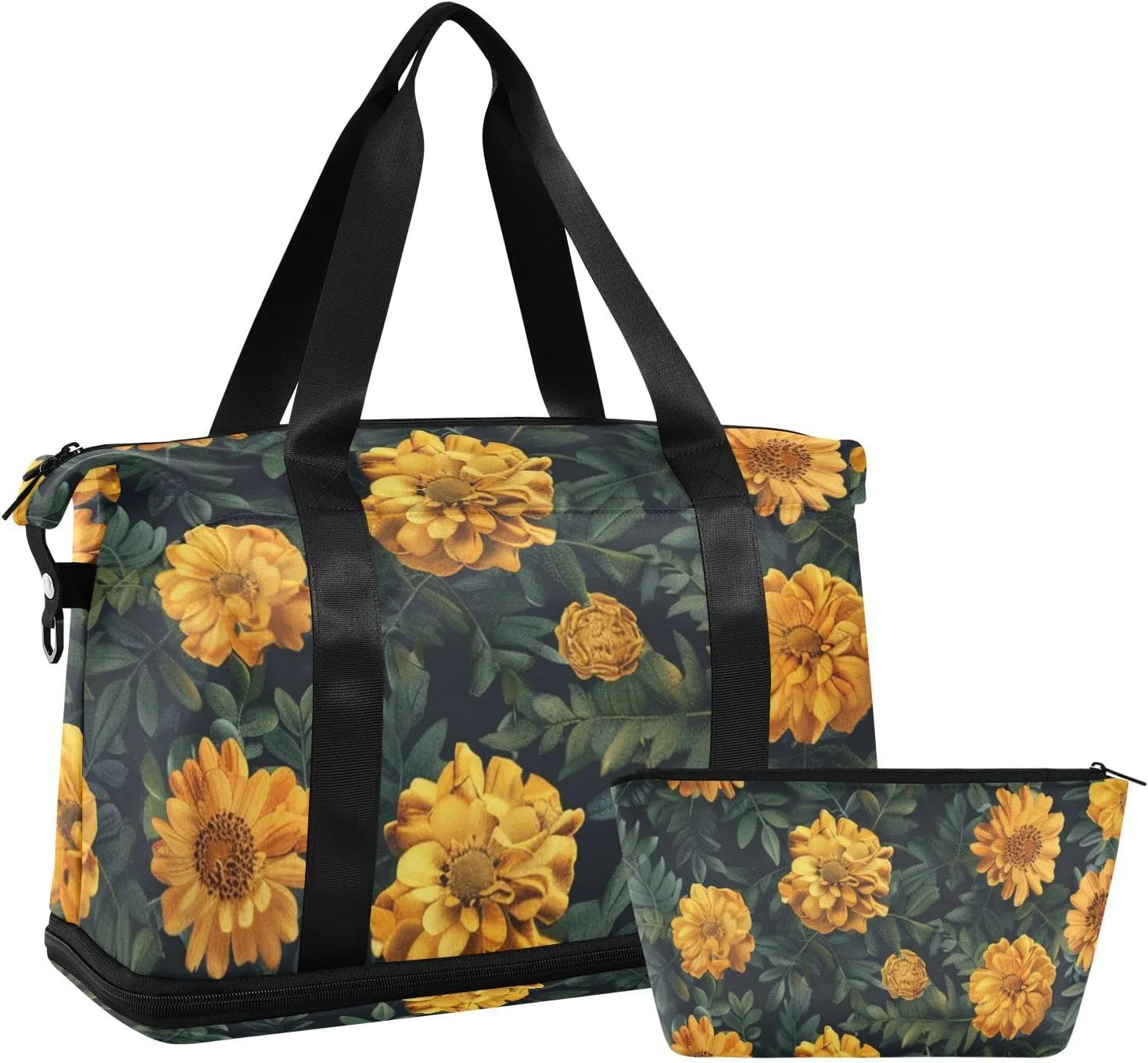 Yellow Flowers and Green Leaves Gym Duffel Bag Large Carry On Airport Bag with Toiletry Bag for Trekking Multifunctional
