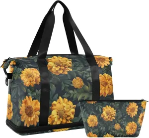 Yellow Flowers and Green Leaves Gym Duffel Bag Large Carry On Airport Bag with Toiletry Bag for Trekking Multifunctional