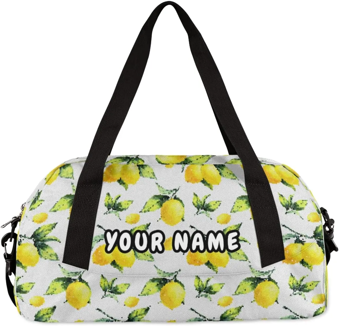 Yellow Lemon Leaves Personalized Kids Duffel Bag for Girls Boys, Lemon Customized Name Dance Bag Overnight Small Duffel Bag Carry On Weekend Sports Gym Travel Bag for School Practice Gymnastics Ballet