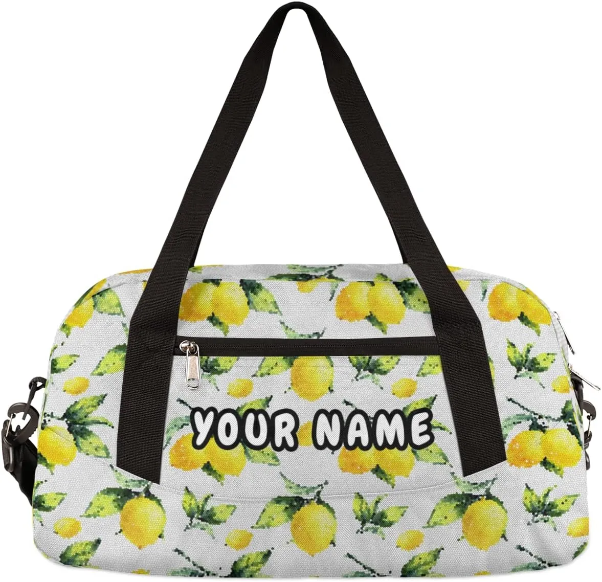 Yellow Lemon Leaves Personalized Kids Duffel Bag for Girls Boys, Lemon Customized Name Dance Bag Overnight Small Duffel Bag Carry On Weekend Sports Gym Travel Bag for School Practice Gymnastics Ballet