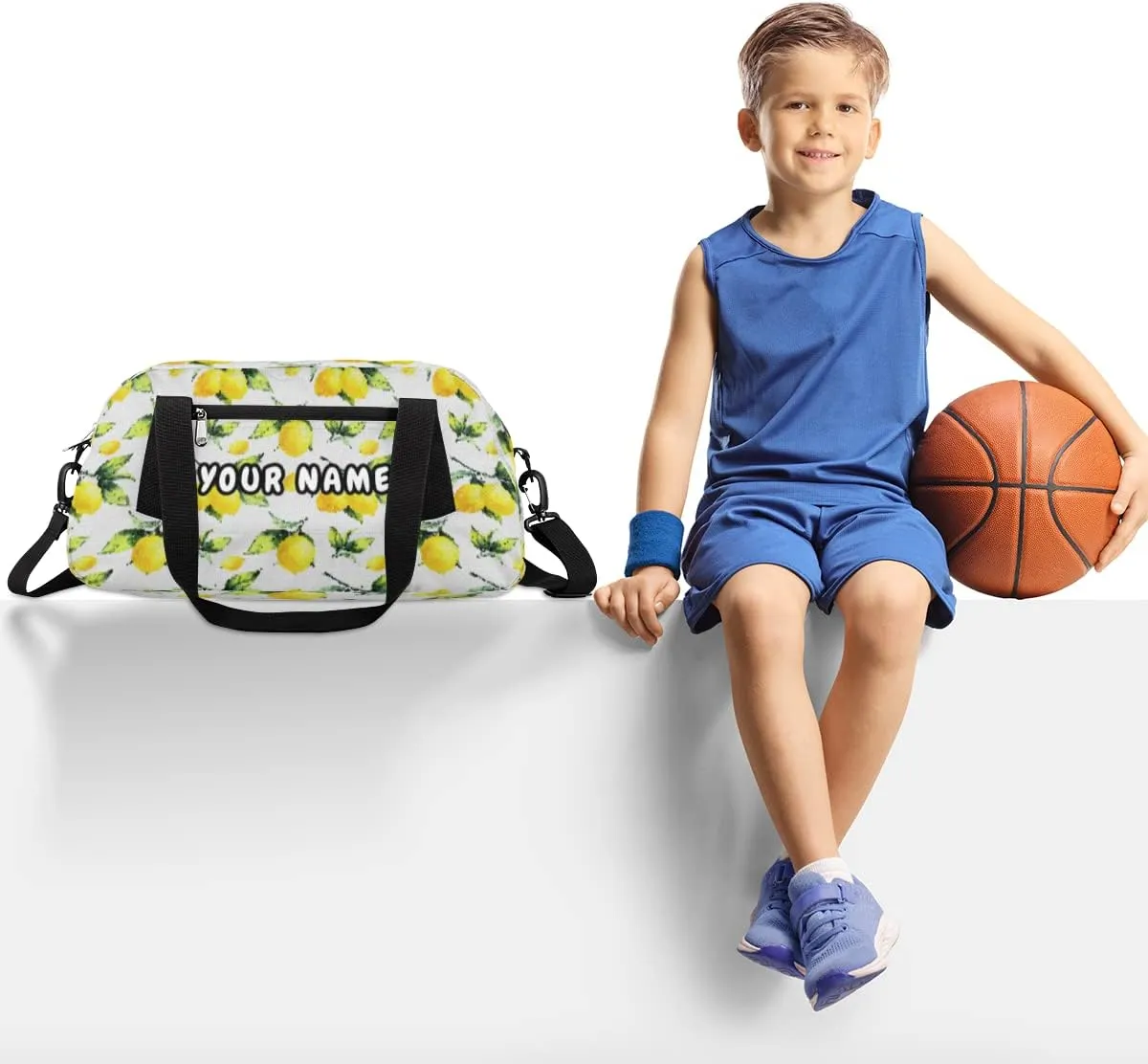 Yellow Lemon Leaves Personalized Kids Duffel Bag for Girls Boys, Lemon Customized Name Dance Bag Overnight Small Duffel Bag Carry On Weekend Sports Gym Travel Bag for School Practice Gymnastics Ballet