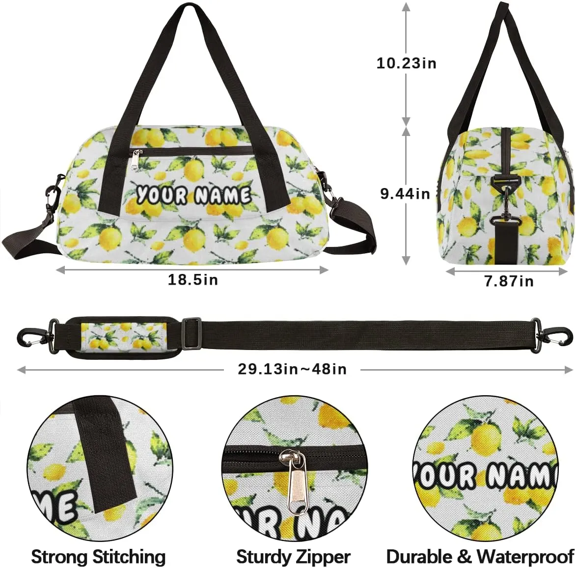 Yellow Lemon Leaves Personalized Kids Duffel Bag for Girls Boys, Lemon Customized Name Dance Bag Overnight Small Duffel Bag Carry On Weekend Sports Gym Travel Bag for School Practice Gymnastics Ballet
