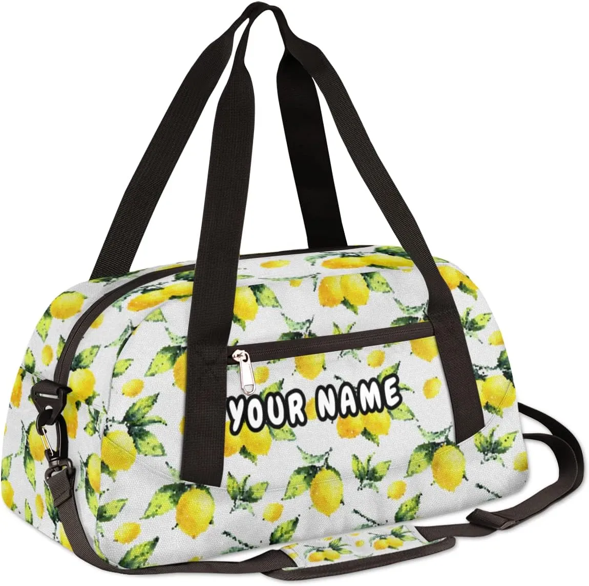 Yellow Lemon Leaves Personalized Kids Duffel Bag for Girls Boys, Lemon Customized Name Dance Bag Overnight Small Duffel Bag Carry On Weekend Sports Gym Travel Bag for School Practice Gymnastics Ballet
