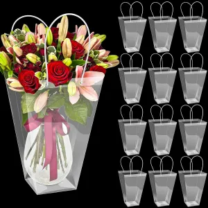 Yexiya 12 Pcs Floral Bags Large Clear Flower Bouquet Bag Bulk with Handle Transparent Florist Gift Packaging Plastic Gift for Birthday Christmas Valentine Mother's Day Wedding, 11.4 x 5.9 x 16.7 Inch