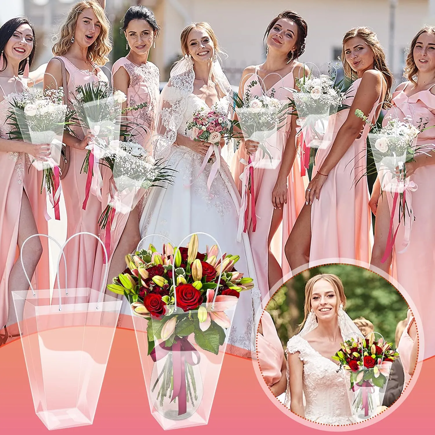 Yexiya 12 Pcs Floral Bags Large Clear Flower Bouquet Bag Bulk with Handle Transparent Florist Gift Packaging Plastic Gift for Birthday Christmas Valentine Mother's Day Wedding, 11.4 x 5.9 x 16.7 Inch