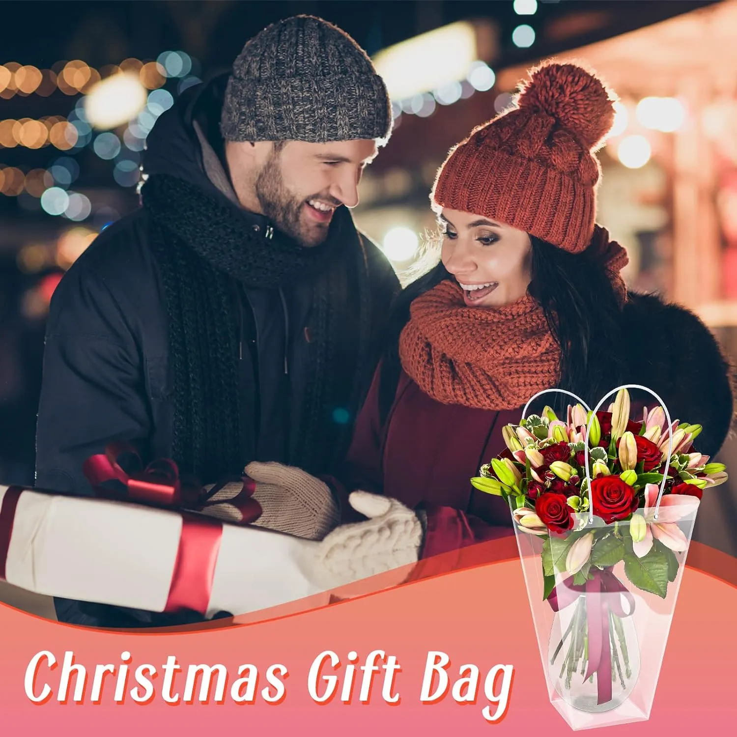 Yexiya 12 Pcs Floral Bags Large Clear Flower Bouquet Bag Bulk with Handle Transparent Florist Gift Packaging Plastic Gift for Birthday Christmas Valentine Mother's Day Wedding, 11.4 x 5.9 x 16.7 Inch