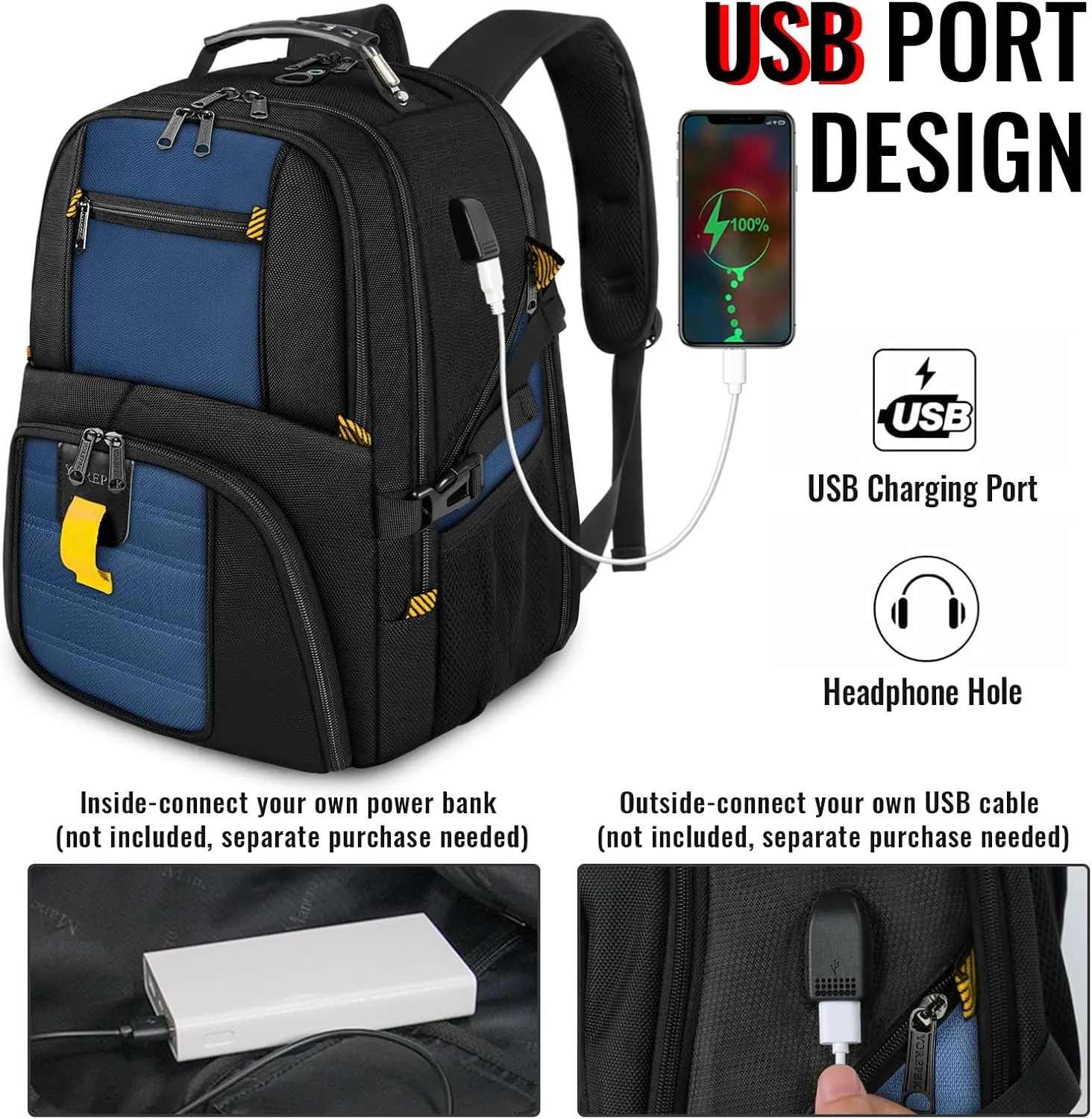 YOREPEK Travel Backpack, Extra Large 50L Laptop Backpacks for Men Women, Water Resistant College Backpack Airline Approved Business Bag with USB Charging Port Fits 17 Inch Computer, Roy Blue