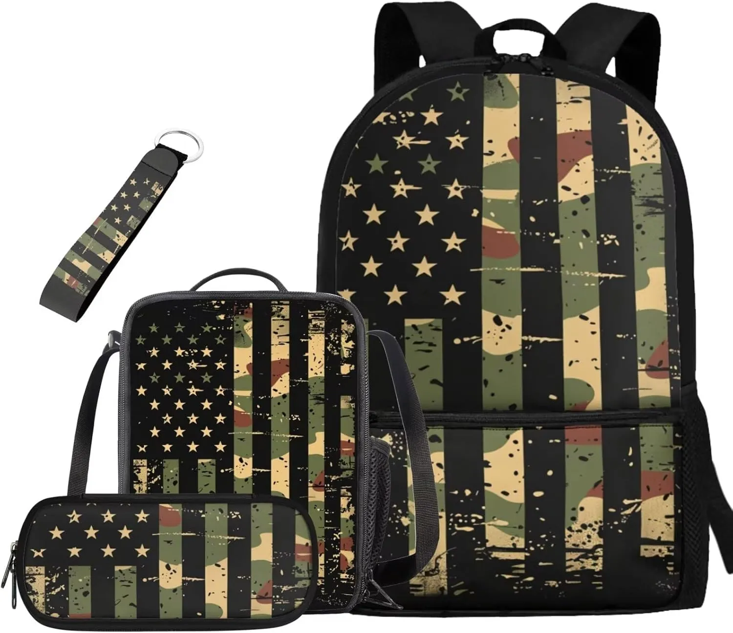 Ystardream American Flag primary School Backpack for Boys 17 Inch Independent DaySchool Bag with Lunch Bag Set Elementary Supplies for Patriotic Teenager Independence Day Parade (Pencil Case,Keychain)