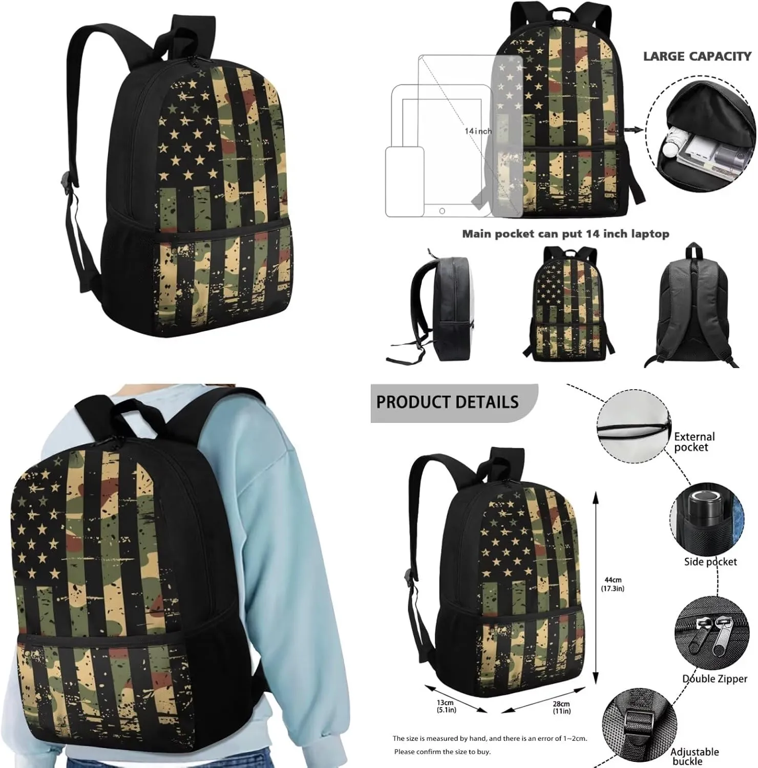 Ystardream American Flag primary School Backpack for Boys 17 Inch Independent DaySchool Bag with Lunch Bag Set Elementary Supplies for Patriotic Teenager Independence Day Parade (Pencil Case,Keychain)