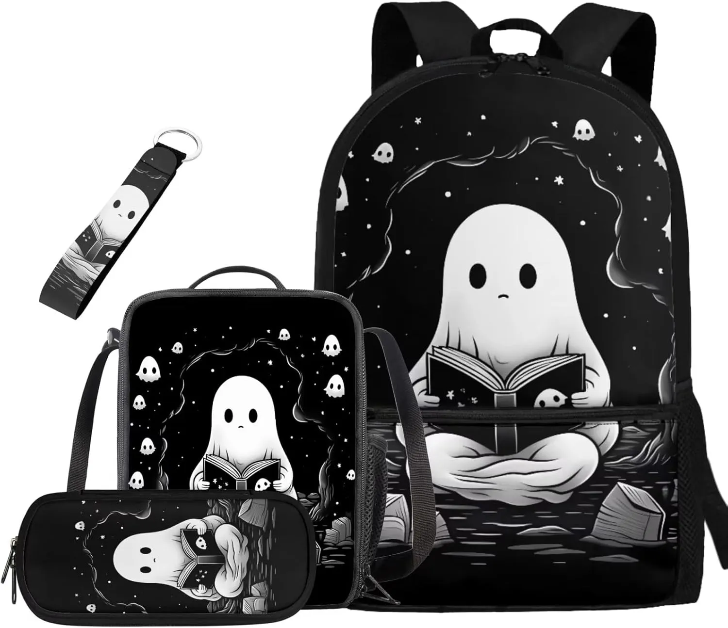 Ystardream Cute Ghost Elementary School Backpack for Girls with Lunch Box Pencil Case Lightweight School Bookbag for Teens Girls Boys 4 in 1 for Kids School Bag Book Bag Set 17 inch Black