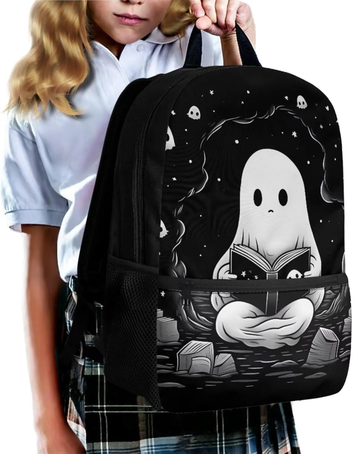 Ystardream Cute Ghost Elementary School Backpack for Girls with Lunch Box Pencil Case Lightweight School Bookbag for Teens Girls Boys 4 in 1 for Kids School Bag Book Bag Set 17 inch Black