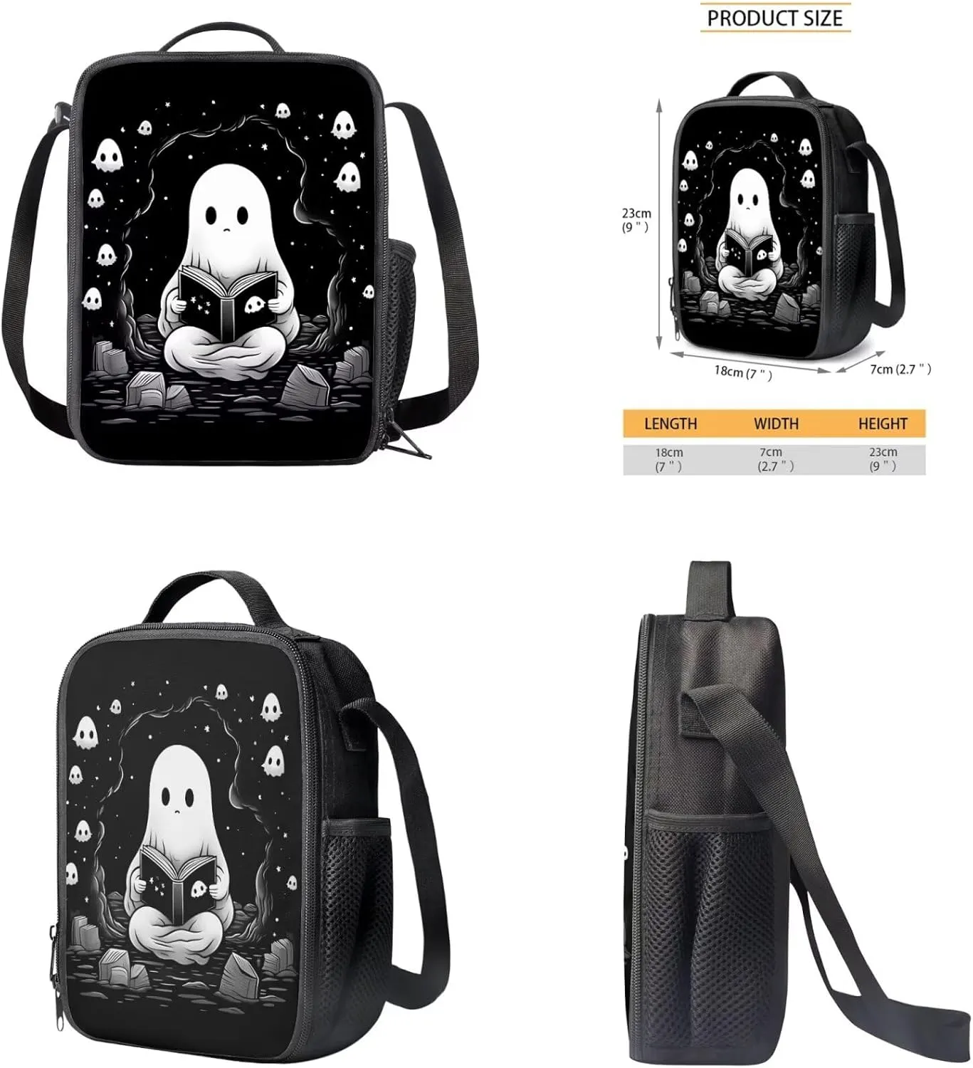 Ystardream Cute Ghost Elementary School Backpack for Girls with Lunch Box Pencil Case Lightweight School Bookbag for Teens Girls Boys 4 in 1 for Kids School Bag Book Bag Set 17 inch Black