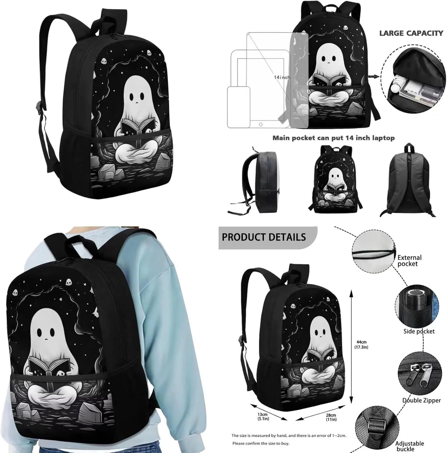 Ystardream Cute Ghost Elementary School Backpack for Girls with Lunch Box Pencil Case Lightweight School Bookbag for Teens Girls Boys 4 in 1 for Kids School Bag Book Bag Set 17 inch Black
