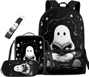 Ystardream Cute Ghost Elementary School Backpack for Girls with Lunch Box Pencil Case Lightweight School Bookbag for Teens Girls Boys 4 in 1 for Kids School Bag Book Bag Set 17 inch Black