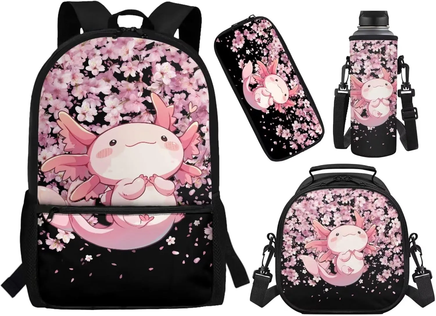 ZFRXIGN Axolotl School Backpack Set with Lunch Tote Bag Pencil Case and Water Bottle Sleeve School Bag Pink Cherry Blossom Backpack for Girls 6-8 Casual Cute Knapsack Set 4 Pack Black