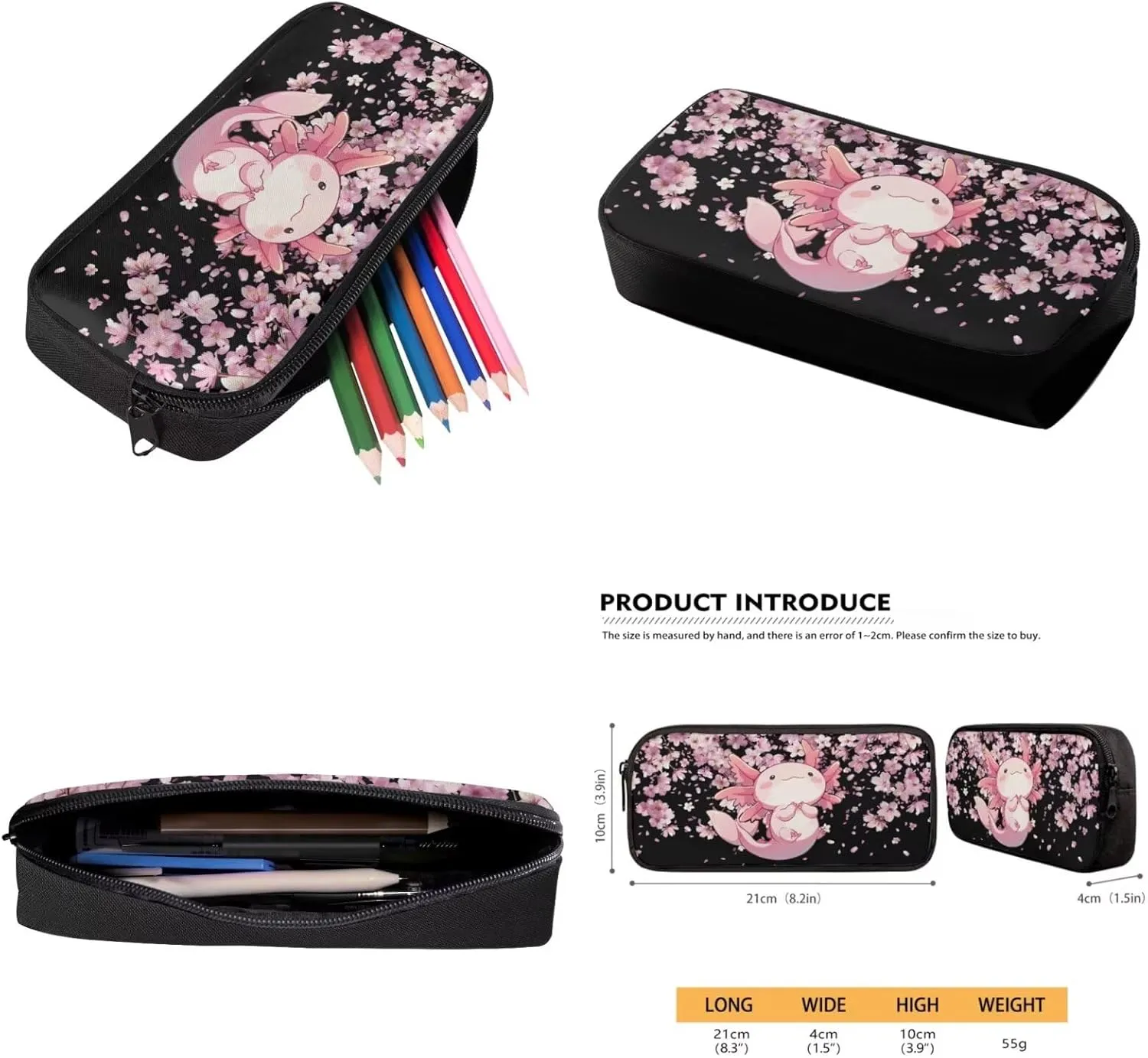 ZFRXIGN Axolotl School Backpack Set with Lunch Tote Bag Pencil Case and Water Bottle Sleeve School Bag Pink Cherry Blossom Backpack for Girls 6-8 Casual Cute Knapsack Set 4 Pack Black