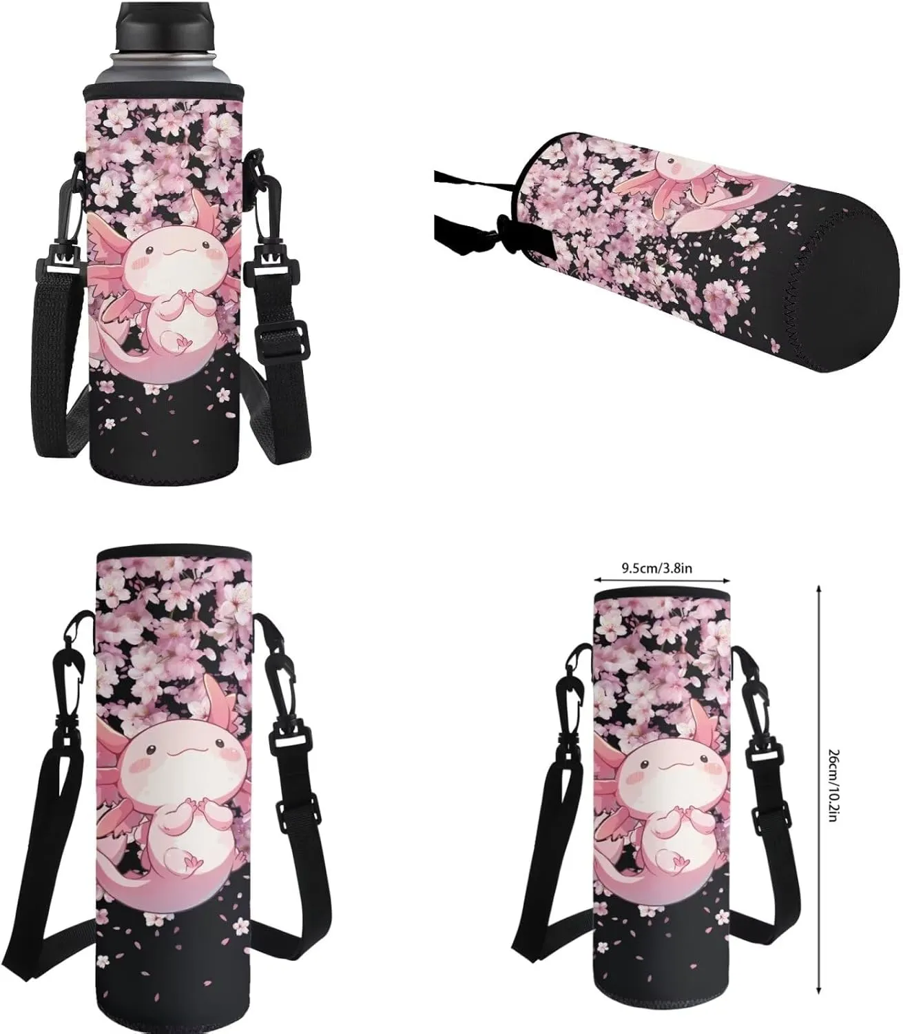 ZFRXIGN Axolotl School Backpack Set with Lunch Tote Bag Pencil Case and Water Bottle Sleeve School Bag Pink Cherry Blossom Backpack for Girls 6-8 Casual Cute Knapsack Set 4 Pack Black