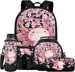 ZFRXIGN Axolotl School Backpack Set with Lunch Tote Bag Pencil Case and Water Bottle Sleeve School Bag Pink Cherry Blossom Backpack for Girls 6-8 Casual Cute Knapsack Set 4 Pack Black