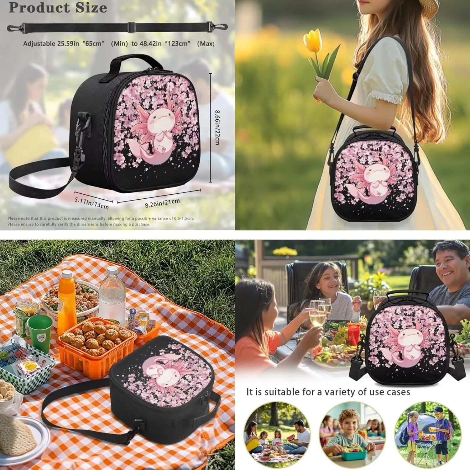 ZFRXIGN Axolotl School Backpack Set with Lunch Tote Bag Pencil Case and Water Bottle Sleeve School Bag Pink Cherry Blossom Backpack for Girls 6-8 Casual Cute Knapsack Set 4 Pack Black
