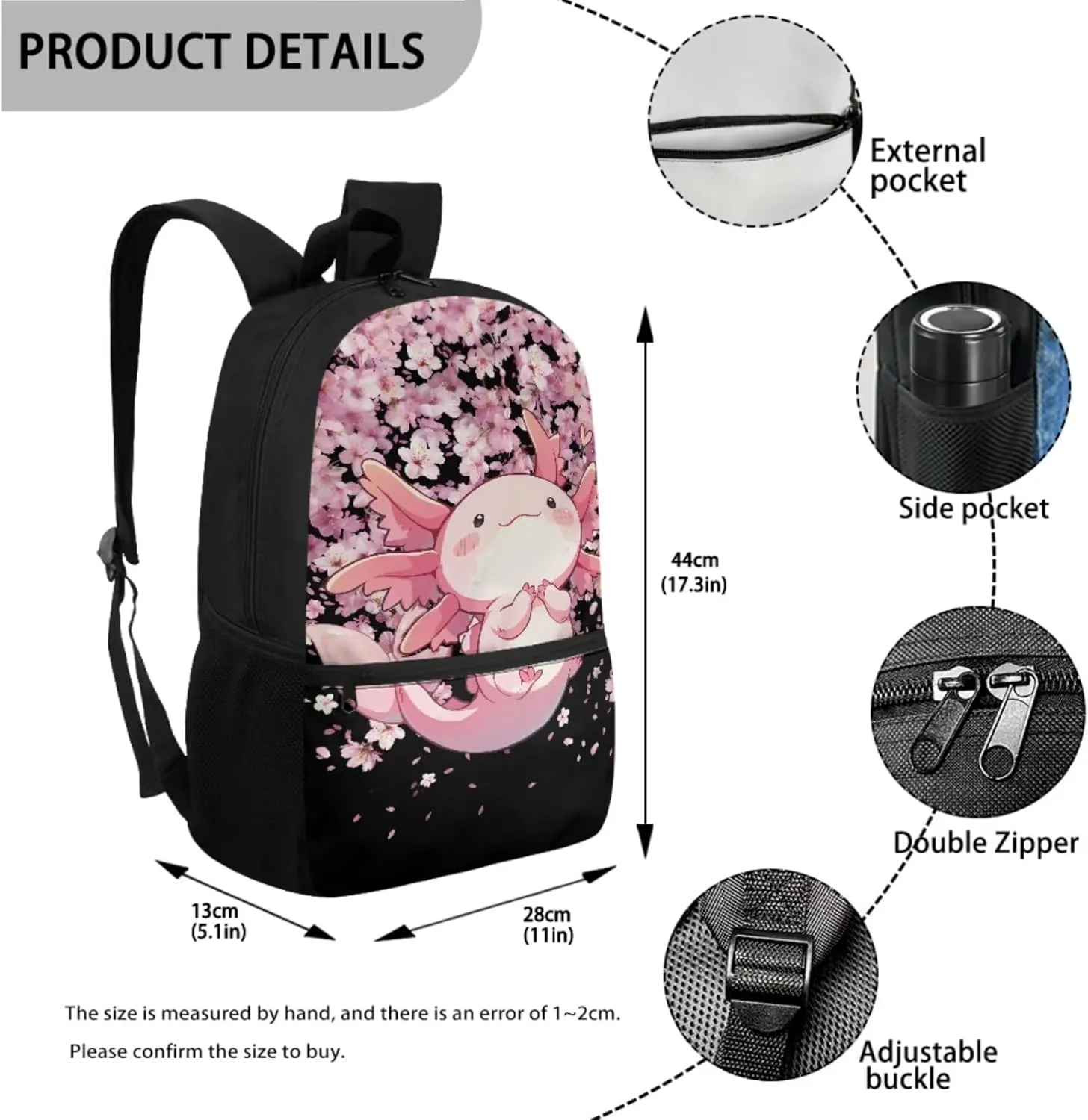 ZFRXIGN Axolotl School Backpack Set with Lunch Tote Bag Pencil Case and Water Bottle Sleeve School Bag Pink Cherry Blossom Backpack for Girls 6-8 Casual Cute Knapsack Set 4 Pack Black