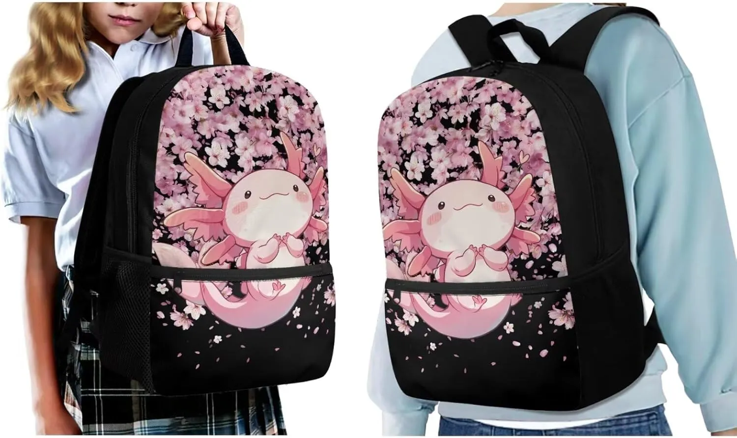 ZFRXIGN Axolotl School Backpack Set with Lunch Tote Bag Pencil Case and Water Bottle Sleeve School Bag Pink Cherry Blossom Backpack for Girls 6-8 Casual Cute Knapsack Set 4 Pack Black