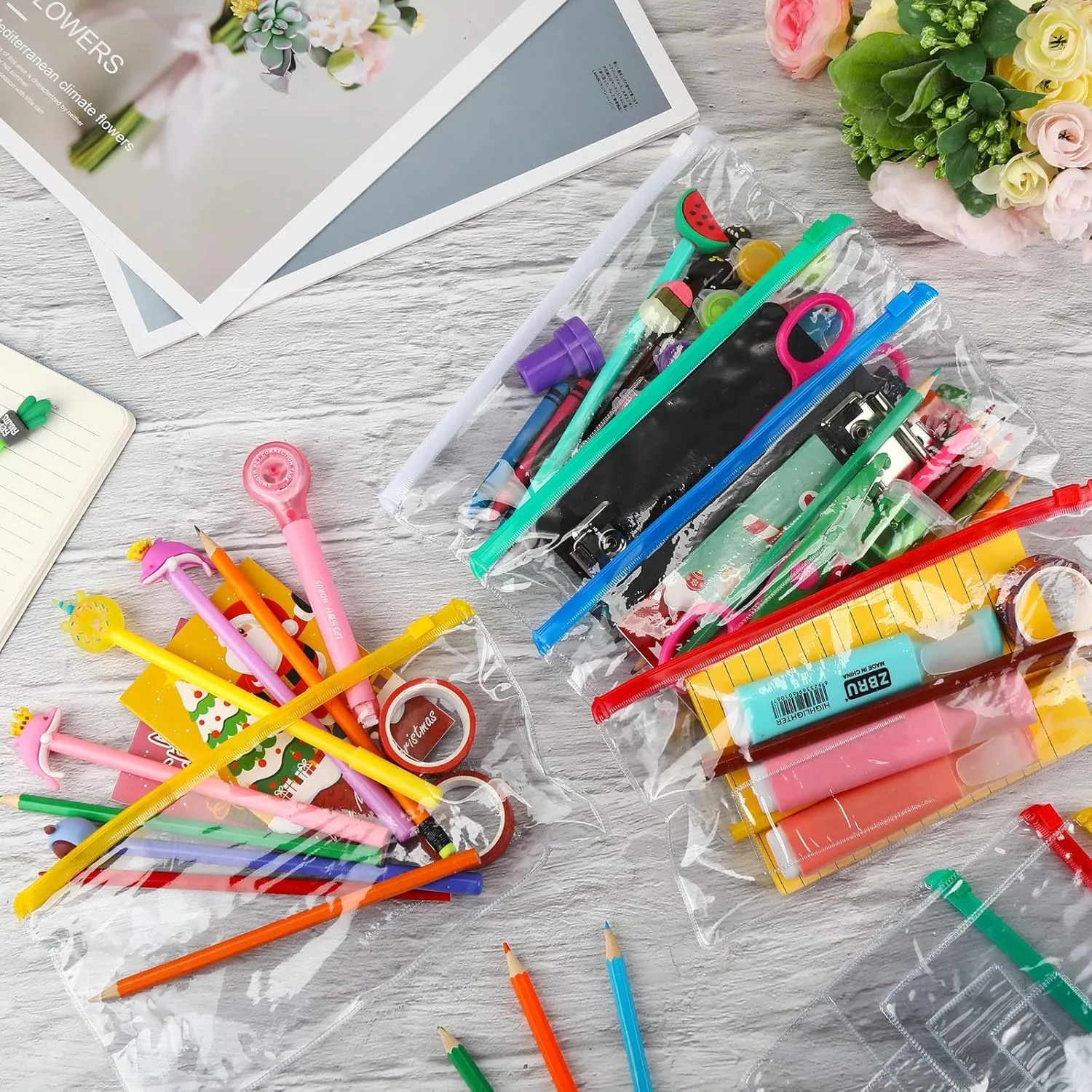 Zhehao 200 Pcs Poly Envelopes Zip Bulk,Clear Pencil Pouch, Plastic Pencil Cases with Label Zippered, A6 Size Reusable Bill File Bag for Money Cash Files School Office Supplies,9.2 x 4.7 Inches