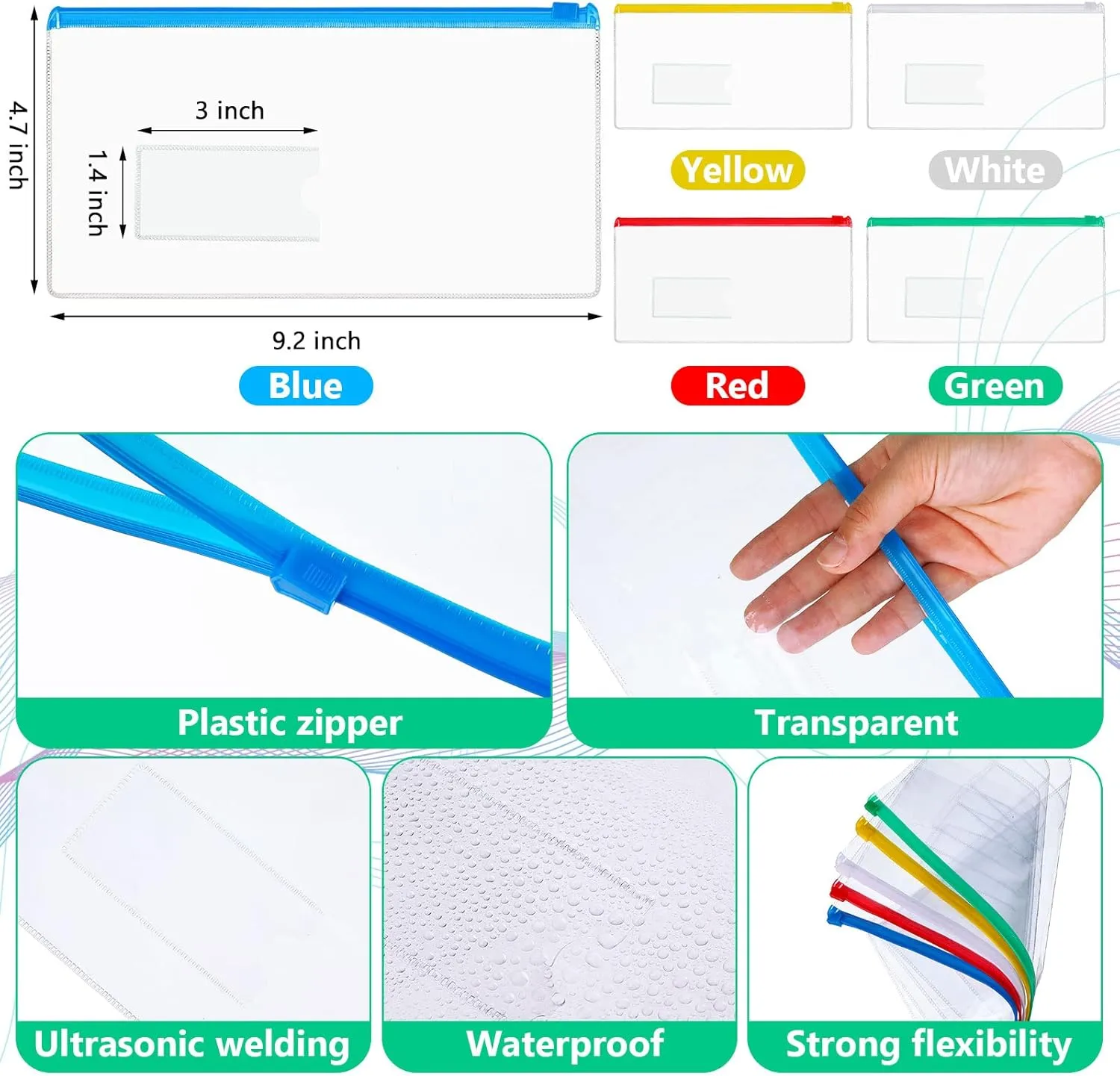Zhehao 200 Pcs Poly Envelopes Zip Bulk,Clear Pencil Pouch, Plastic Pencil Cases with Label Zippered, A6 Size Reusable Bill File Bag for Money Cash Files School Office Supplies,9.2 x 4.7 Inches