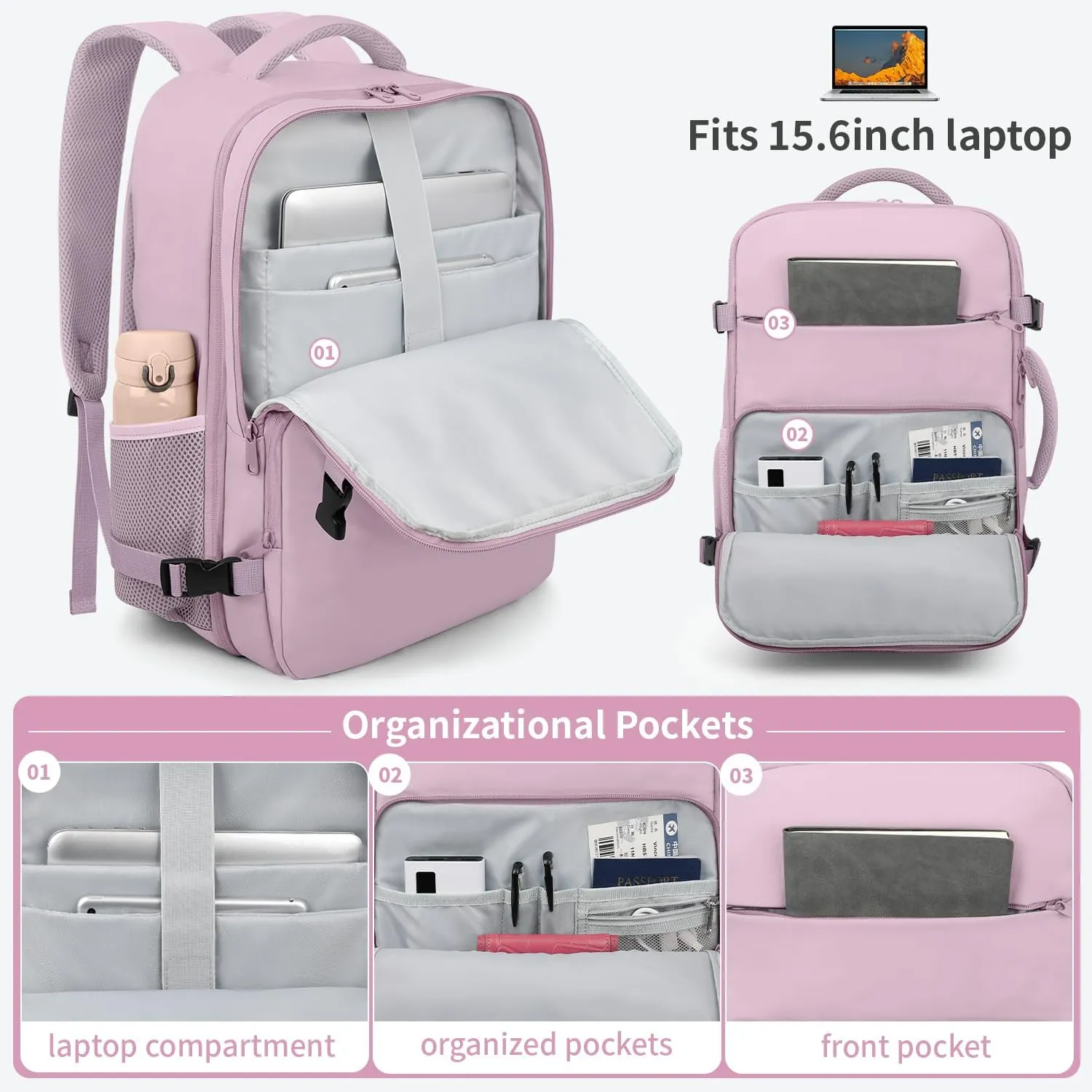 ZOMFELT Travel Backpack for Women, Carry On Backpack, TSA 15.6inch Laptop Backpack Flight Approved, Personal Item Travel Bag Nurse Bag Casual Daypack for School Weekender Business, Dark Purple