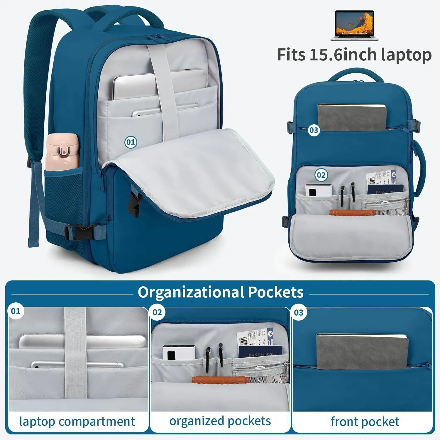 ZOMFELT Travel Backpack for Women Men, Carry on Backpack, TSA 15.6 inch Laptop Backpack Flight Approved, Personal Item Travel Bag Nurse Bag Casual Daypack for School Weekender Business Trip, Blue